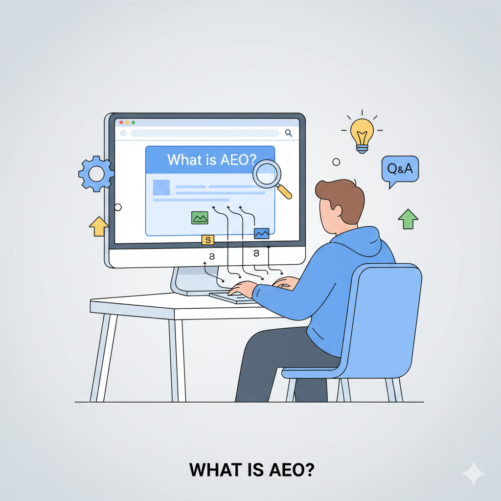 کامپیوتر با نوشته What is AEO و شخصی پشت آن