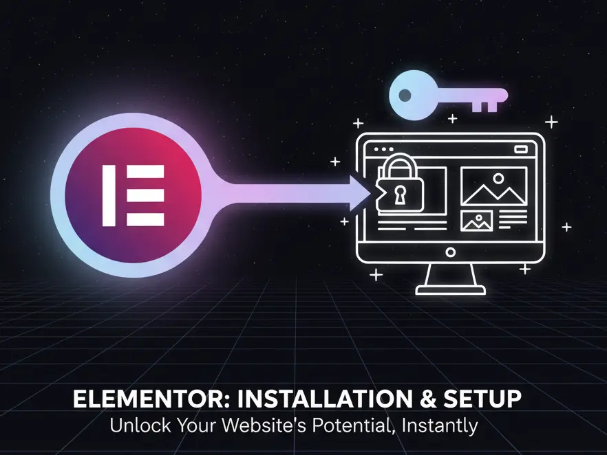 لوگوی رسمی افزونه المنتور که به سمت نماد یک مانیتور قفل شده با کلیدی در بالای آن می‌رود، که نشان‌دهنده نصب و راه‌اندازی آسان و سریع افزونه المنتور برای باز کردن قفل قابلیت‌های وب‌سایت روی پس‌زمینه‌ای تیره و پاستلی است.