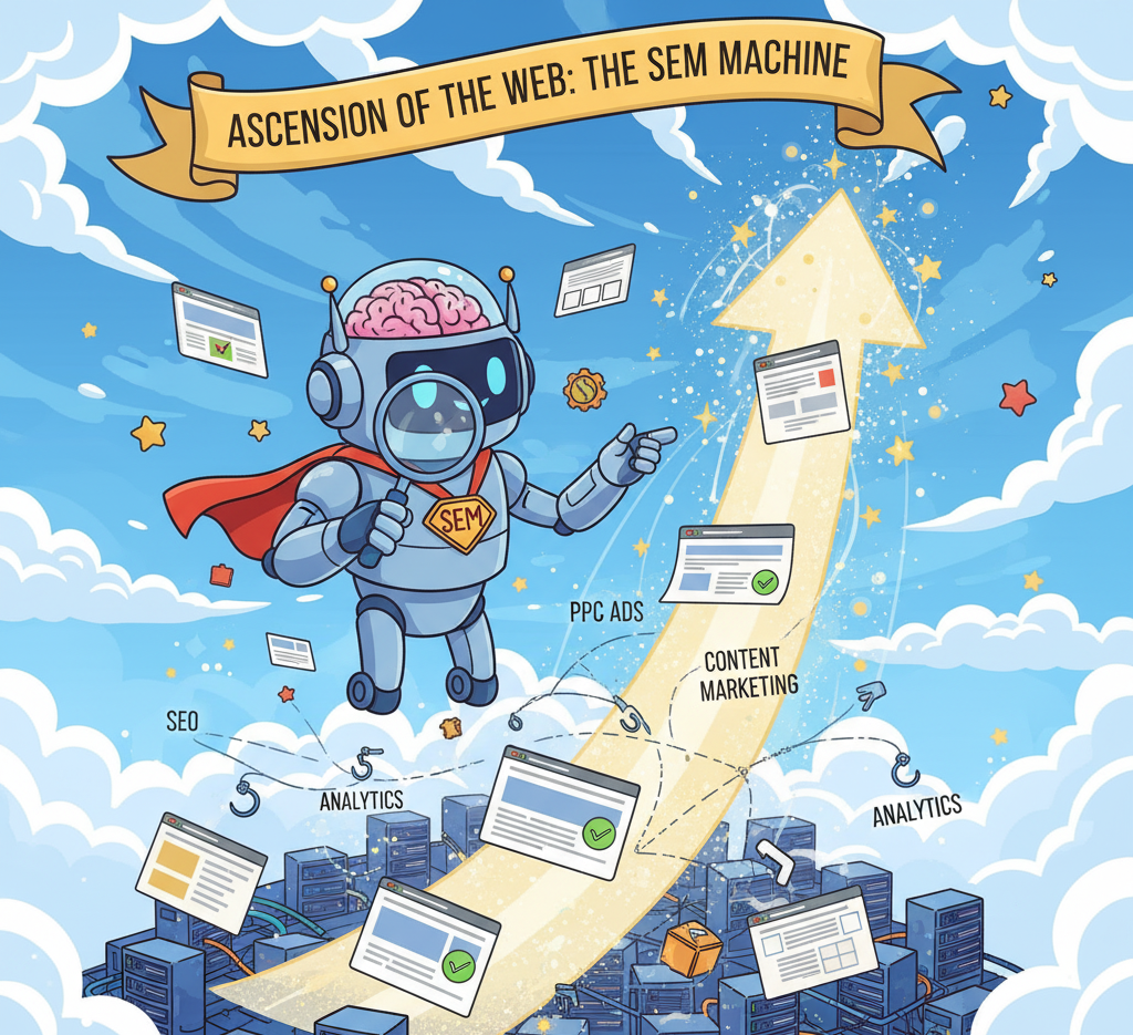 ربات ابرقهرمان SEM در حال بررسی و ارتقاء وبسایتها با بازاریابی موتور جستجو.