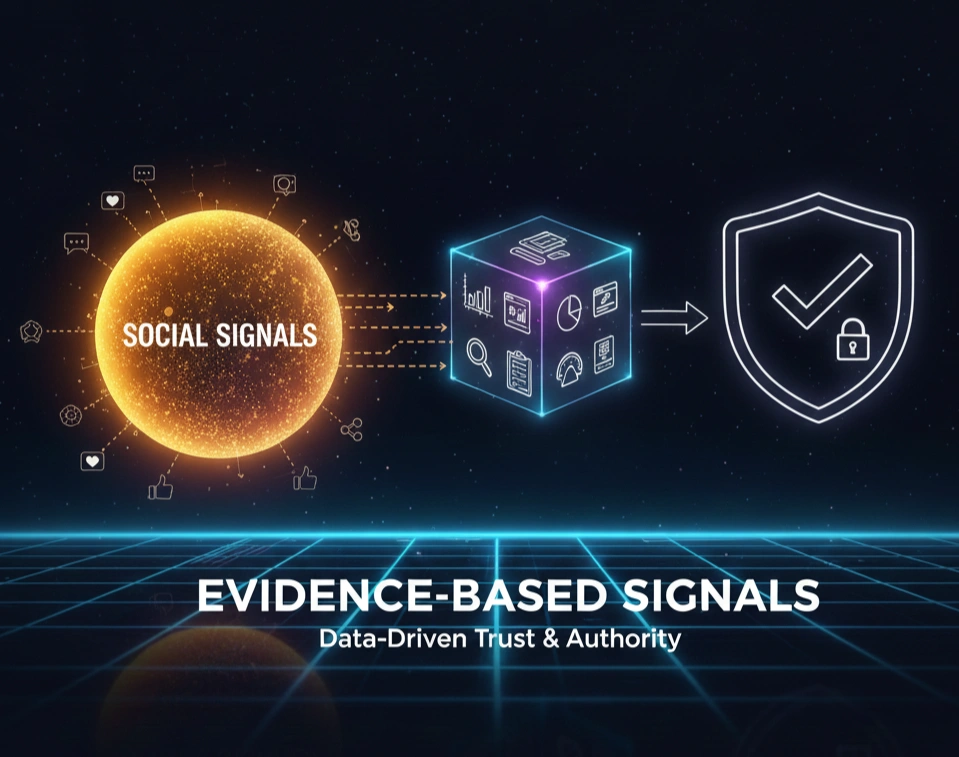 تصویری از یک کره نورانی با عنوان "SOCIAL SIGNALS" که با فلش‌هایی به سمت یک مکعب داده‌مانند (شامل آیکون‌های تحلیل و گزارش) هدایت می‌شود. از این مکعب، فلشی دیگر به سمت یک سپر محافظت‌شده با علامت تیک سبز می‌رود، که نشان‌دهنده اعتماد و اعتبار حاصل از سوشیال سیگنال‌ های مبتنی بر شواهد و داده است. این تصویر روی پس‌زمینه‌ای دیجیتالی و شبکه‌ای قرار دارد.