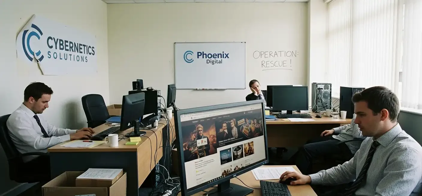 تصویری از یک تیم خدمات دیجیتال (سایبرنتیکس سلوشنز) که با جدیت در حال کار روی "طراحی سایت تبلیغاتی" جدید خود هستند. مانیتورها کدهای وب و نمونه‌های طراحی را نشان می‌دهند و در پس‌زمینه، نام "Phoenix Digital" و "OPERATION: RESCUE!" روی تخته سفید به امید این تیم برای نجات از ورشکستگی اشاره دارد. این تصویر نمادی از تلاش و روحیه همکاری برای موفقیت در عرصه دیجیتال است.