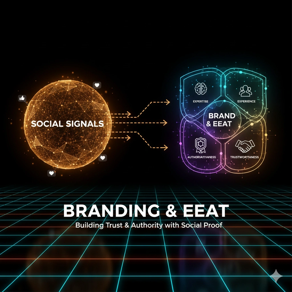 یک هرم درخشان و سه‌بعدی به عنوان نماد برندینگ و EEAT (تخصص، اعتبار و اعتماد)، که توسط آیکون‌های در حال چرخش سوشیال سیگنال (مانند لایک، اشتراک‌گذاری، و کامنت) از پایین پشتیبانی و تغذیه می‌شود. این تصویر نشان‌دهنده نقش سوشیال سیگنال‌ها در تقویت اعتبار و اعتماد برند در فضای دیجیتال است.