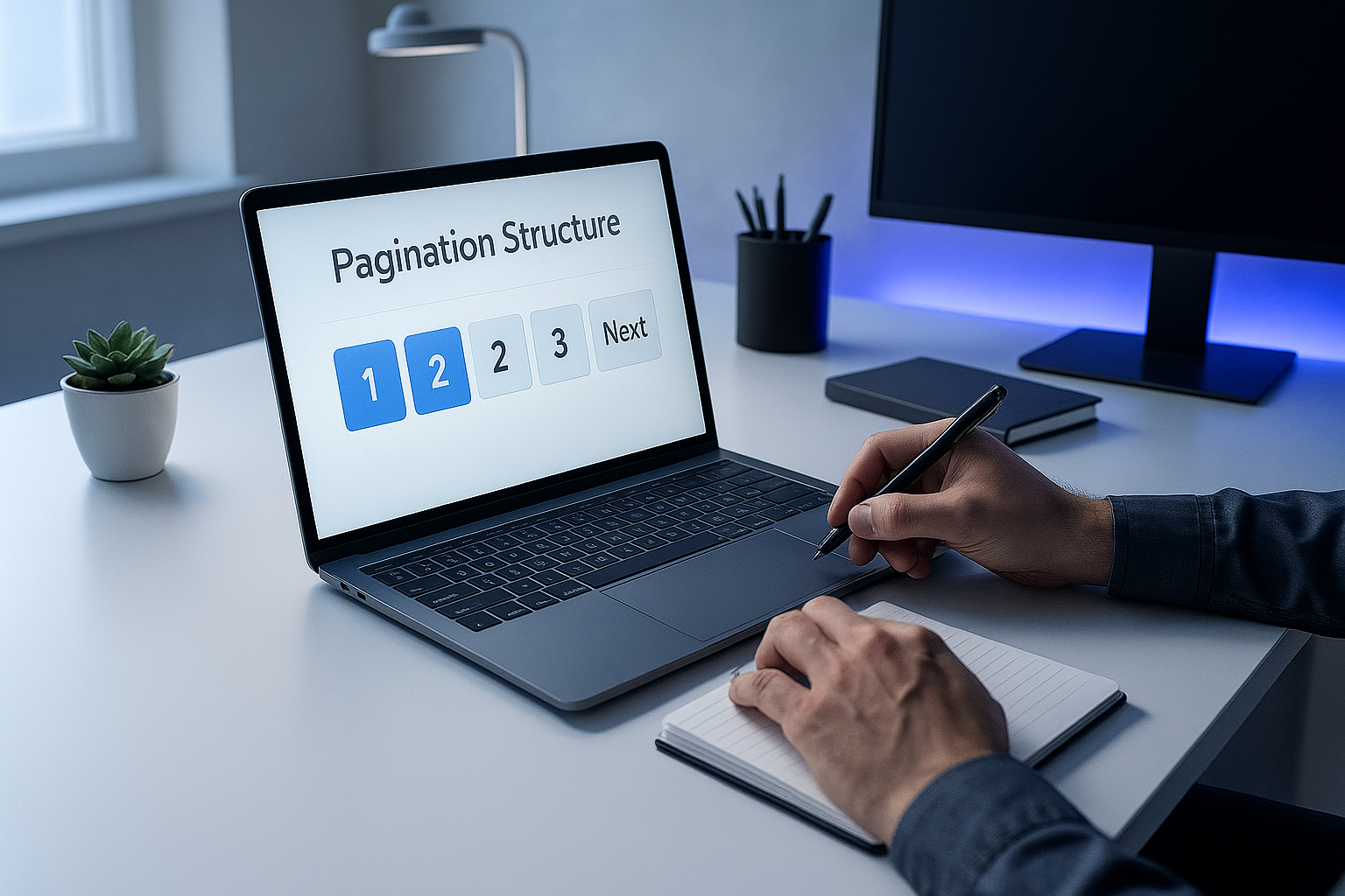 تحلیل صفحات Pagination در طراحی سایت و سئو – تصویر واقعی از کارشناس سئو در حال بررسی ساختار صفحهبندی.