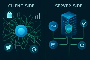 تصویر مقایسه‌ای از مدیریت داده‌ها در سمت کاربر و سمت سرور، با استفاده از Google Tag Manager (GTM).