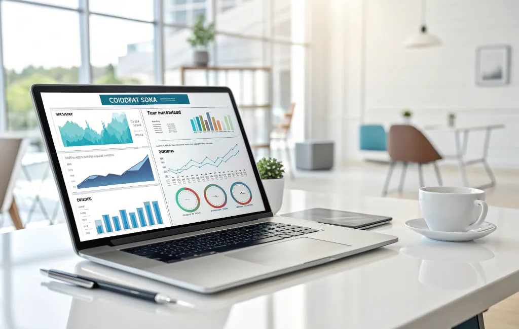 لپ‌تاپ با داشبورد تحلیل محتوای سایت