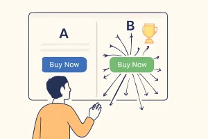 تصویرسازی دیجیتال از فرایند a/b تست، که یک صفحه وب به دو نسخه A (با دکمه آبی) و B (با دکمه سبز) تقسیم شده و نسخه B به عنوان برنده با کلیکهای بیشتر نمایش داده میشود.