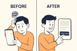 کاراکتر انیمیشنی که قبل از اجرای a/b تست از کار با وبسایت گیج و ناراضی است و پس از بهینهسازی صفحه، خوشحال و با تجربه کاربری بهتر نشان داده میشود