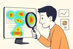 مرحله جمعآوری داده برای a/b تست؛ یک محقق در حال تحلیل هیتمپ (نقشه حرارتی) و نمودارهای آماری یک وبسایت با ذرهبین است تا فرضیه تست را پیدا کند.