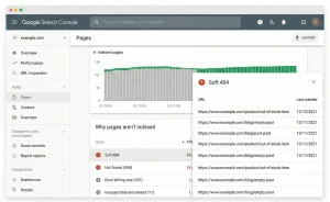 تصویری از محیط گوگل سرچ کنسول در بخش گزارش صفحات که لیست آدرسهای دارای ارور soft 404 را نمایش میدهد.