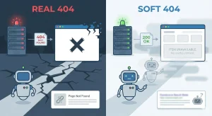 تصویری مفهومی که تفاوت میان یک خطای ۴۰۴ واقعی (صفحه حذف شده) و ارور soft 404 (صفحه خالی با کد وضعیت ۲۰۰) را از دید ربات موتور جستجو مقایسه میکند.
