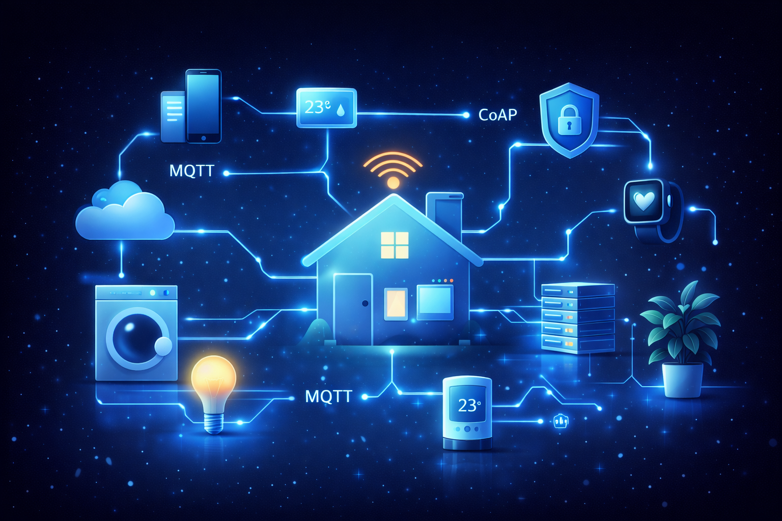"نمودار شبکه IoT در خانه‌های هوشمند، ارتباط دستگاه‌ها با استفاده از پروتکل‌های اختصاصی IoT."