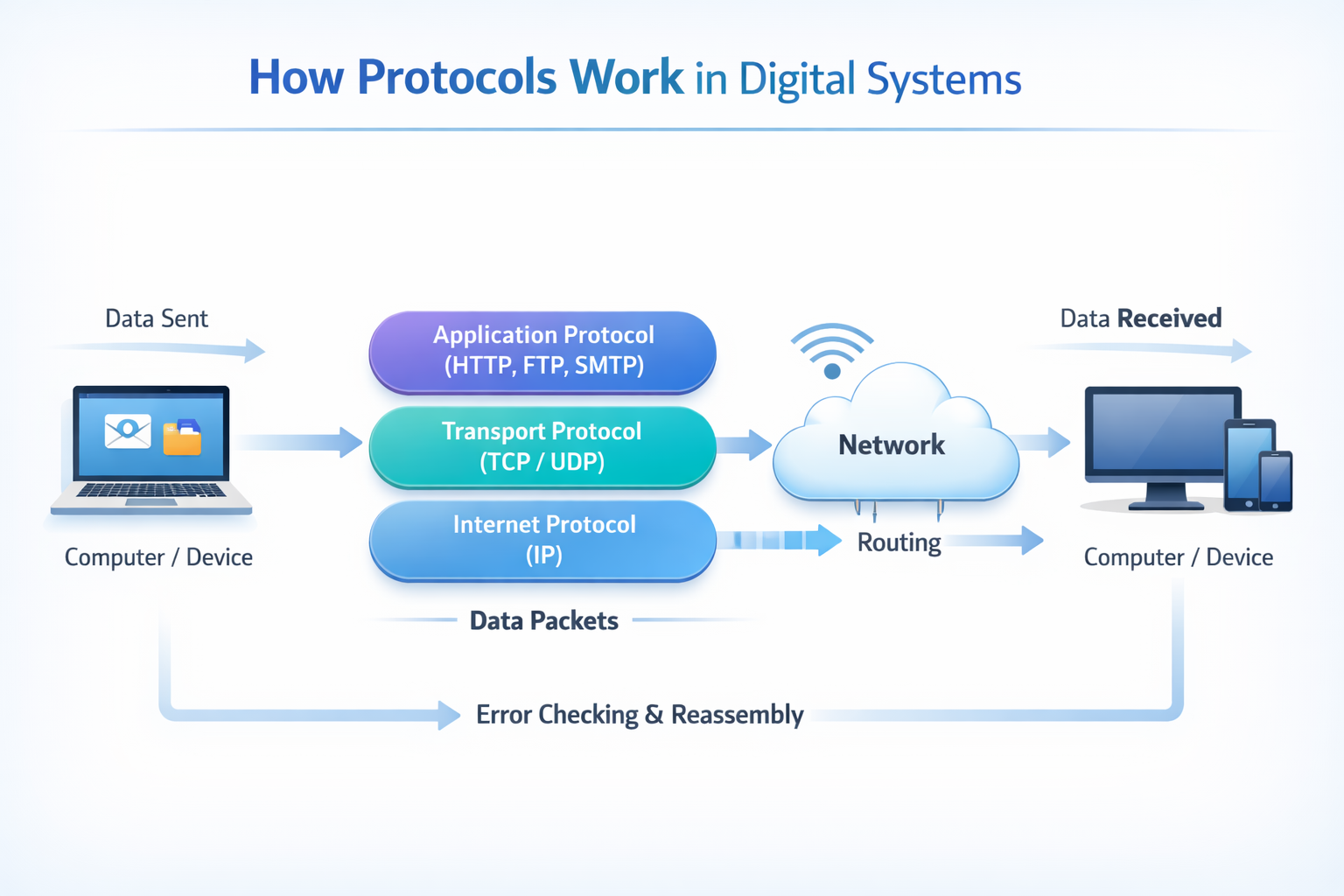 "نقشه مفهومی پروتکل‌ها و جریان ارتباطات در سیستم‌های دیجیتال. توضیح ارتباط دستگاه‌ها و تبادل داده‌ها با استفاده از پروتکل‌ها."