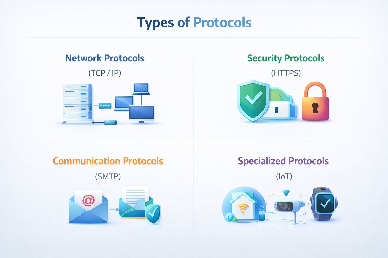 "اینفوگرافی انواع پروتکل‌ها: پروتکل‌های شبکه، امنیتی، ارتباطی، و اختصاصی با استفاده از آیکن‌های ساده و رنگ‌های مدرن."