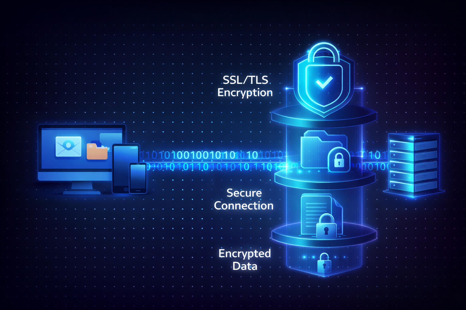 "تصویر امنیتی انتقال داده‌ها با رمزنگاری SSL/TLS و نمایش لایه‌های امنیتی برای حفاظت از اطلاعات."
