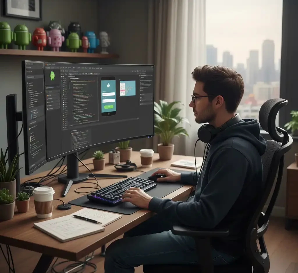 توسعهدهنده نرمافزار در حال کدنویسی و طراحی اپلیکیشن موبایل در محیط اندروید استودیو با استفاده از دو مانیتور.