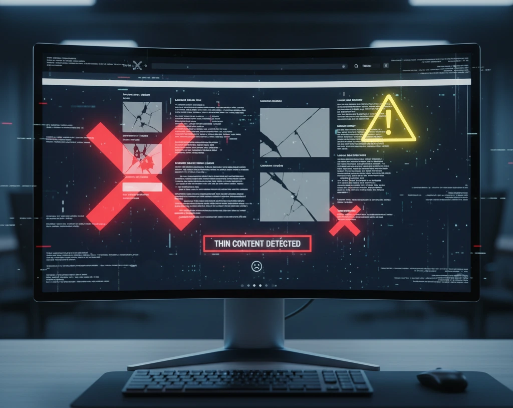 مانیتوری که نشان دهنده عنوان thin content detected است.