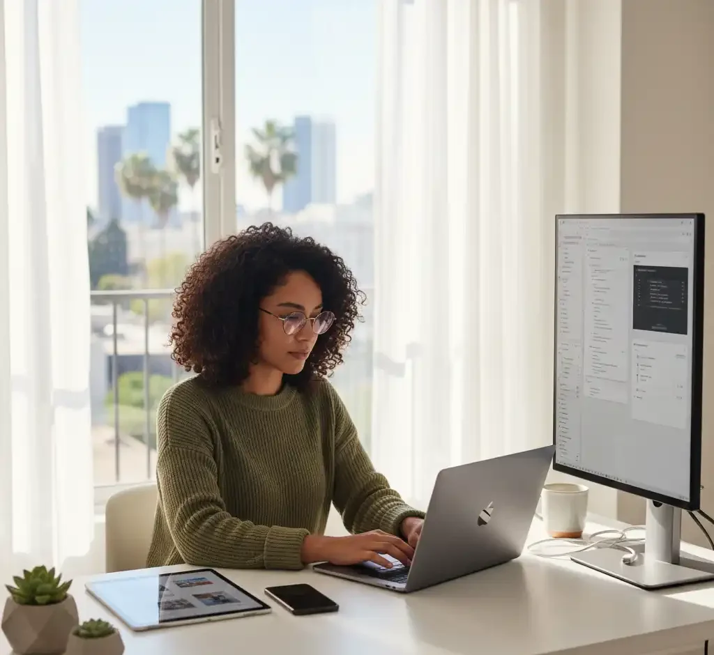 توسعهدهنده اپل مشغول کدنویسی و طراحی اپلیکیشن موبایل برای آیفون در محیط کاری حرفهای.