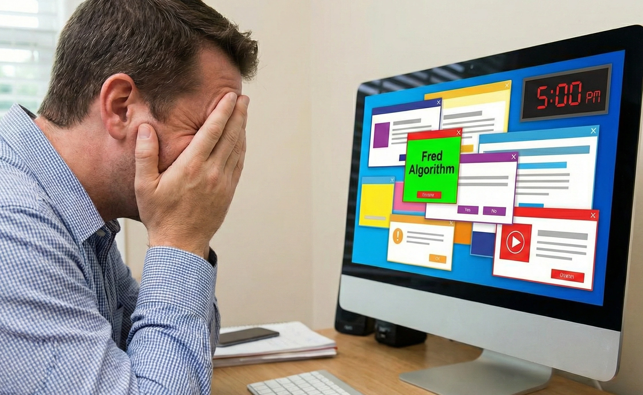 تصویری که مردی که از تبلیغات بیش از حد و محتوای بی‌کیفیت خسته شده و اهمیت الگوریتم فرد را نشان میدهد.