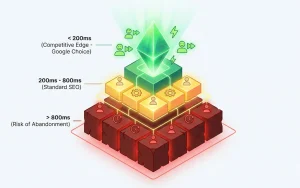 اینفوگرافیک هرمی نمایش‌دهنده سه سطح عملکرد TTFB از وضعیت بحرانی تا حالت ایده‌آلِ مورد تایید گوگل.