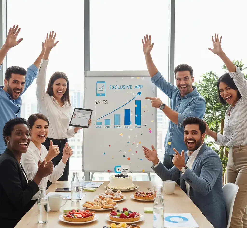 اعضای شرکت در حال شادی برای رشد نمودارهای فروش به واسطه طراحی اپلیکیشن موبایل حرفهای.