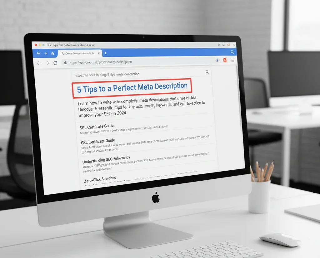 نمایی از مانیتور که اسنیپتهای نتایج گوگل و نحوه بهینهسازی متا دیسکریپشن سایت را برای بهبود سئو نشان میدهد.