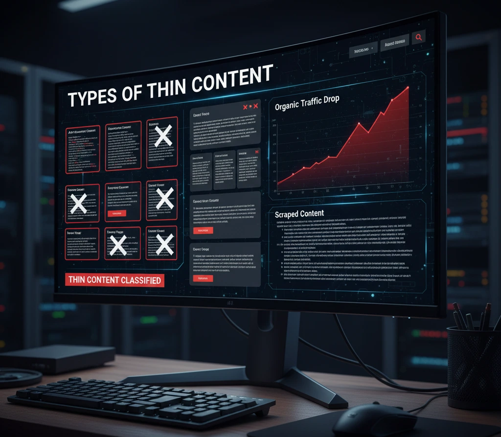 انواع محتوای نازک یا Thin Content شامل صفحات کم‌کیفیت، محتوای تکراری و صفحات واسط