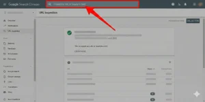 این تصویر یک اسکرینشات واقعی از ابزار "URL Inspection" در Google Search Console است. در بالای صفحه، یک کادر قرمز رنگ بزرگ و یک فلش قرمز به وضوح به نوار جستجوی URL اشاره میکنند،