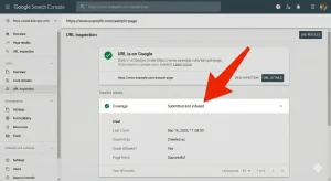 تصویر اسکرینشات از صفحه نتایج ابزار URL Inspection در گوگل سرچ کنسول. در این تصویر، وضعیت ایندکس صفحه (معمولاً با پیام URL is on Google) نمایش داده شده است و یک فلش قرمز به بخش وضعیت و جزئیات Coverage اشاره میکند که نشاندهنده موفقیتآمیز بودن کراول یا وجود خطاهای احتمالی در صفحه است.