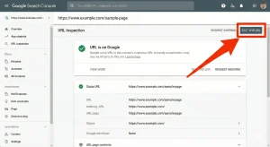تصویر اسکرینشات از ابزار URL Inspection در گوگل سرچ کنسول که در آن یک فلش قرمز به دکمه Test Live URL (تست لایو) در بالای صفحه اشاره میکند