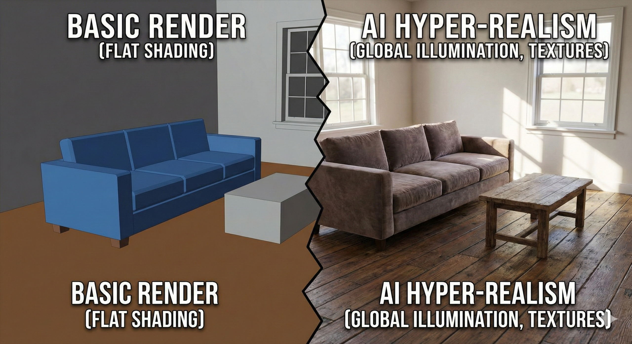 یک تصویر دو بخشی (Split-screen). سمت چپ یک رندر سه‌بعدی ساده و بدون بافت (Flat). سمت راست همان تصویر اما با نورپردازی حرفه‌ای، سایه‌های نرم و بافت‌های واقعی (مثل چوب یا پارچه) که نشان‌دهنده اعمال تنظیمات حرفه‌ای است