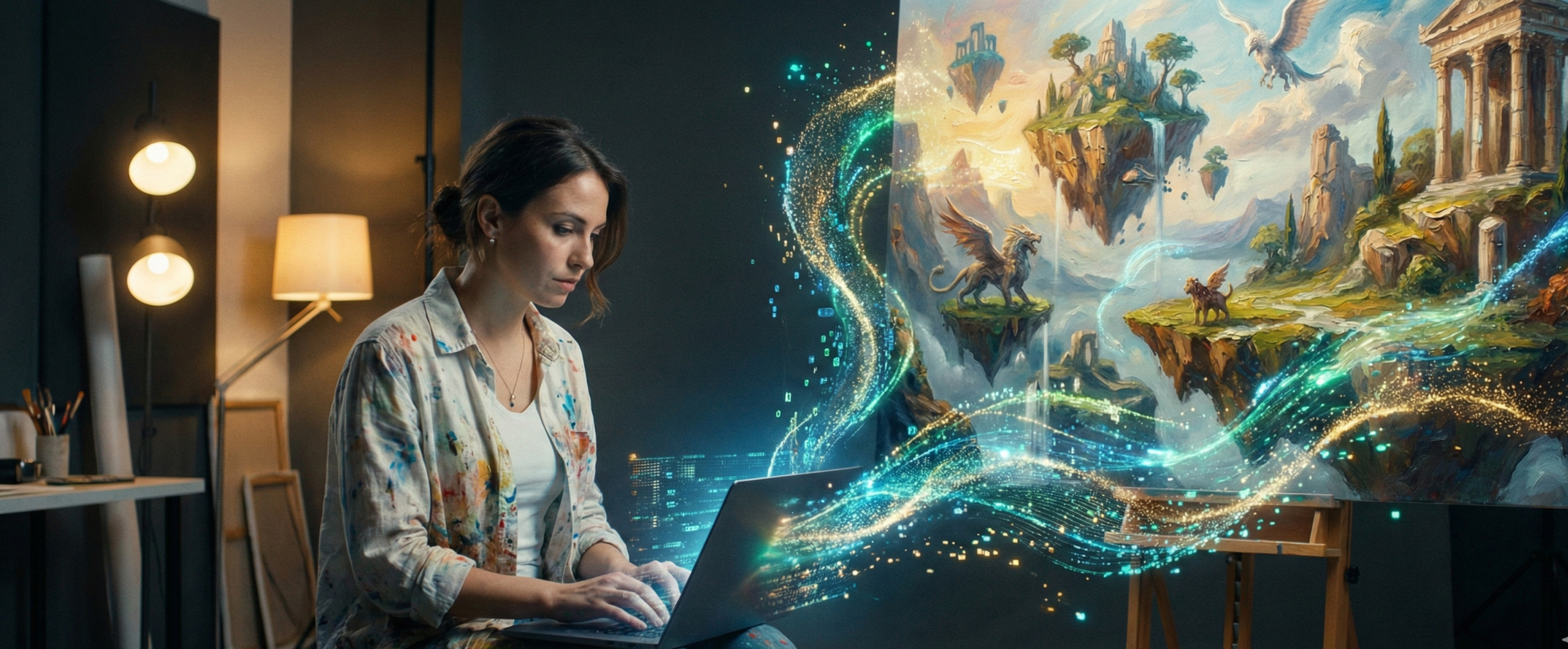 تبدیل متن به تصویر با هوش مصنوعی؛ شخصی در حال خلق یک نقاشی دیجیتال از طریق لپ‌تاپ.