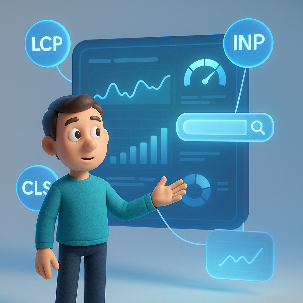 کاراکتر سه‌بعدی در حال بررسی شاخص‌های Core Web Vitals شامل LCP، INP و CLS در محیطی آموزشی و مدرن