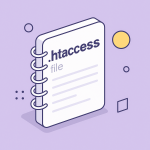 ایلوستریشن ایزومتریک و مینیمال از یک دفترچه نمادین که نشاندهنده فایل htaccess است، با پسزمینه بنفش پاستلی، خطوط نرم و عناصر گرافیکی مدرن