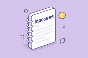 ایلوستریشن ایزومتریک و مینیمال از یک دفترچه نمادین که نشاندهنده فایل htaccess است، با پسزمینه بنفش پاستلی، خطوط نرم و عناصر گرافیکی مدرن