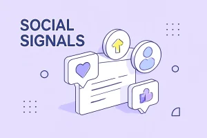 تصویری ایزومتریک و مینیمالیستی با پسزمینه بنفش کمرنگ که سوشیال سیگنالها را با اشکال هندسی انتزاعی، خطوط تمیز و سایههای نرم به نمایش میگذارد.