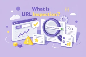 تصویر ایزومتریک مینیمال با پسزمینه بنفش پاستلی که مفهوم What is URL Inspection را نمایش میدهد؛ شامل ذرهبین روی آدرس URLنمودار بررسی وضعیت صفحه، المانهای تحلیل ایندکس و طراحی مدرن و Google Search Console.